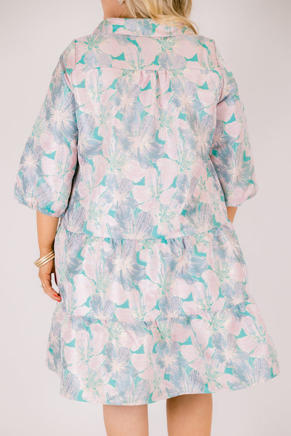 Chic Soul plus size clothing, green and pink floral print 3/4 sleeve tiered baby doll dress with v neck cutout and collar