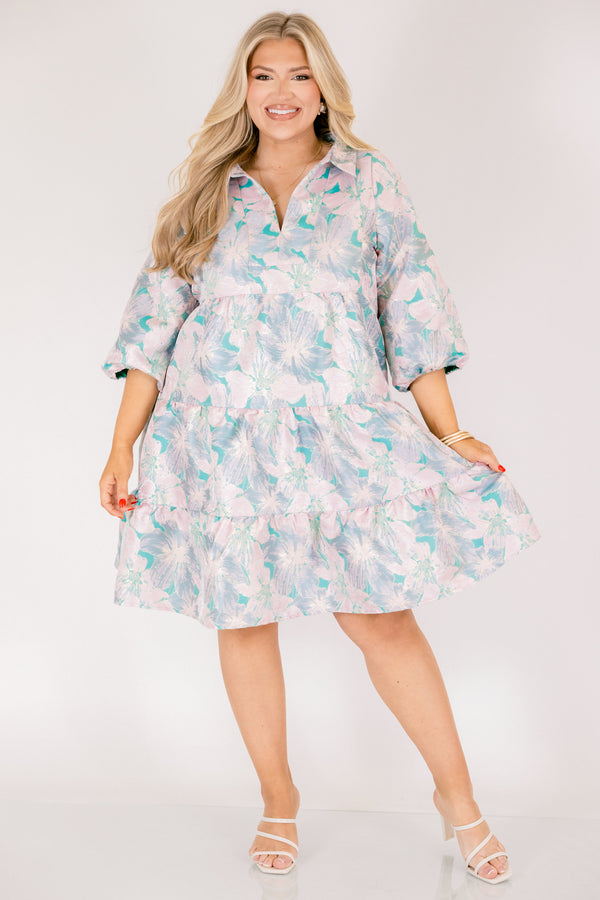 Chic Soul plus size clothing, green and pink floral print 3/4 sleeve tiered baby doll dress with v neck cutout and collar