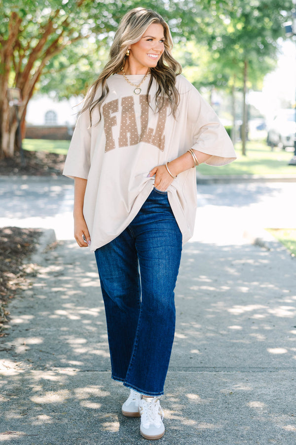 Plus size light mocha oversized boyfriend tee with polka dot 'FALL' lettering.