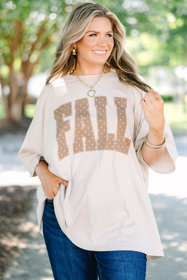 Plus size light mocha oversized boyfriend tee with polka dot 'FALL' lettering.