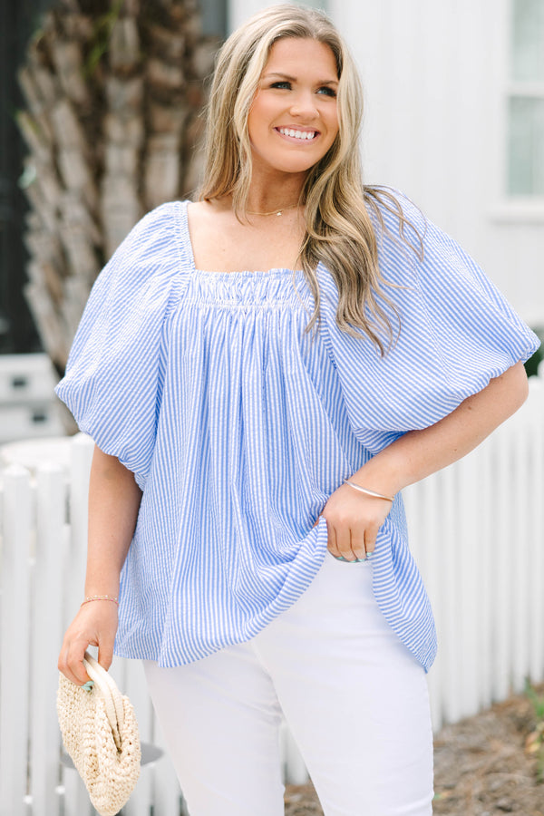 Chic Soul plus size clothing, blue and white pin stripe puff short sleeve top with square neckline