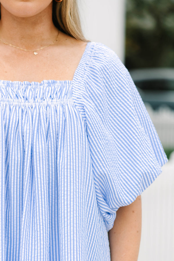 Chic Soul plus size clothing, blue and white pin stripe puff short sleeve top with square neckline