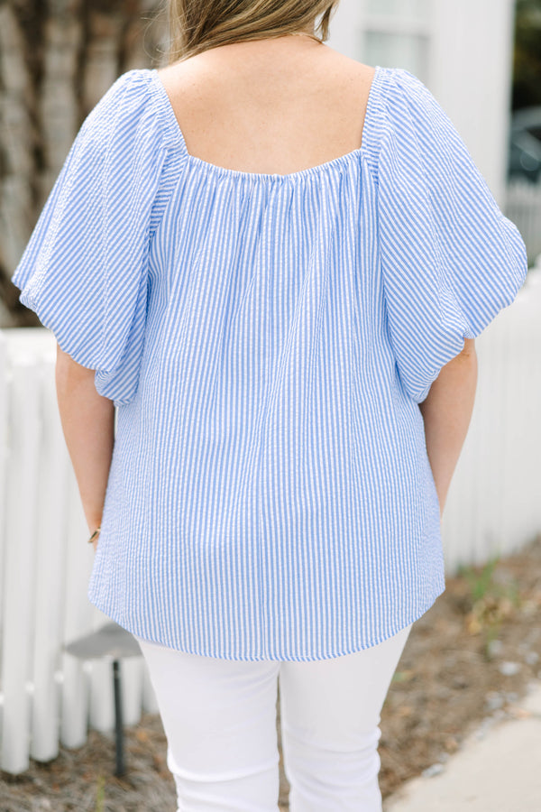 Chic Soul plus size clothing, blue and white pin stripe puff short sleeve top with square neckline