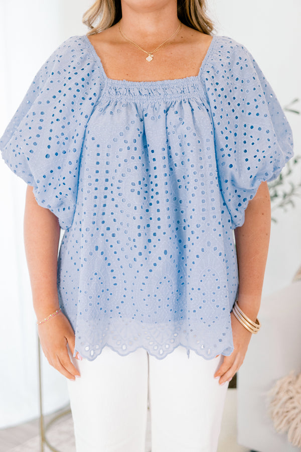 Chic Soul plus size clothing, light blue square neck flutter baby doll eyelet top