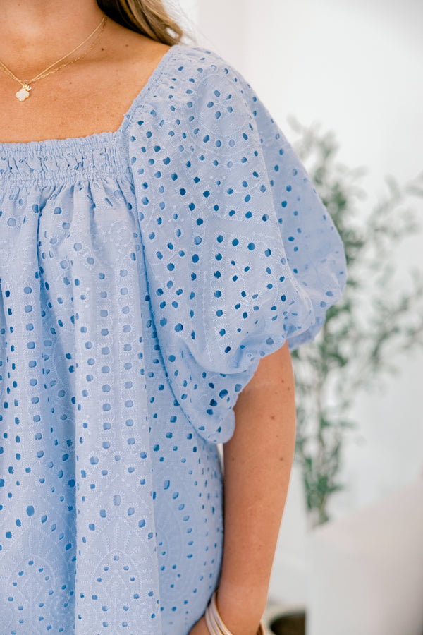 Chic Soul plus size clothing, light blue square neck flutter baby doll eyelet top