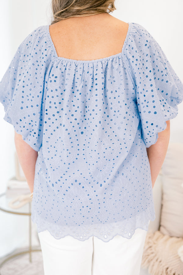 Chic Soul plus size clothing, light blue square neck flutter baby doll eyelet top