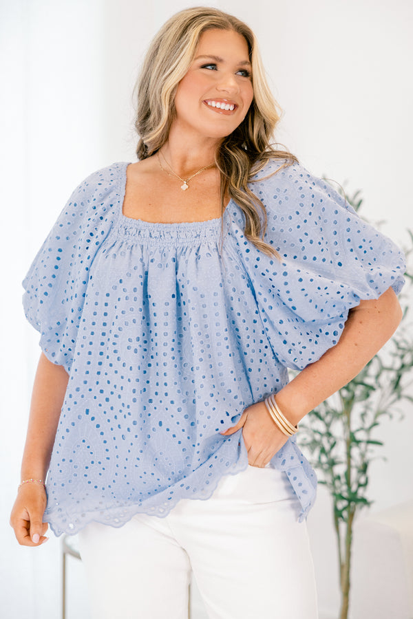 Chic Soul plus size clothing, light blue square neck flutter baby doll eyelet top