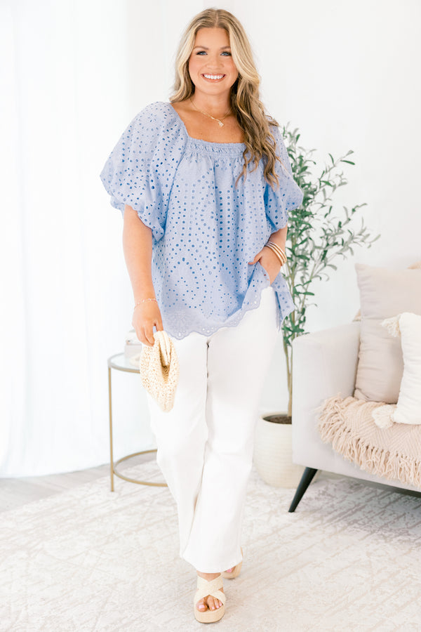 Chic Soul plus size clothing, light blue square neck flutter baby doll eyelet top