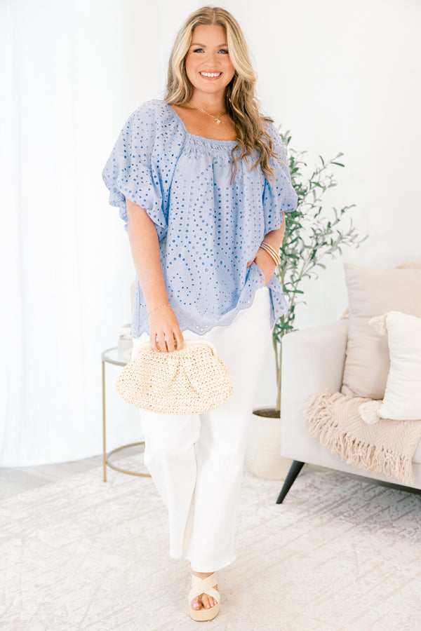 Chic Soul plus size clothing, light blue square neck flutter baby doll eyelet top