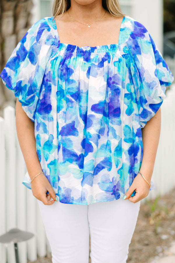 Chic Soul plus size clothing, blue and turquoise floral short puff sleeve top with square neckline