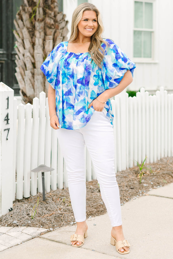 Chic Soul plus size clothing, blue and turquoise floral short puff sleeve top with square neckline
