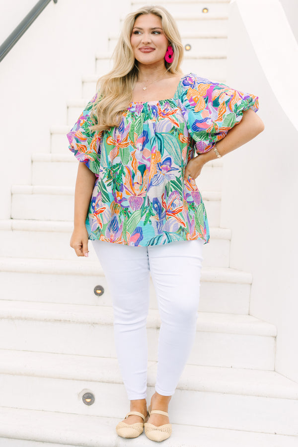 Chic Soul plus size clothing, multi color floral print short sleeve square neck top