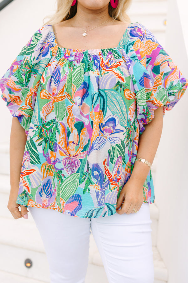 Chic Soul plus size clothing, multi color floral print short sleeve square neck top