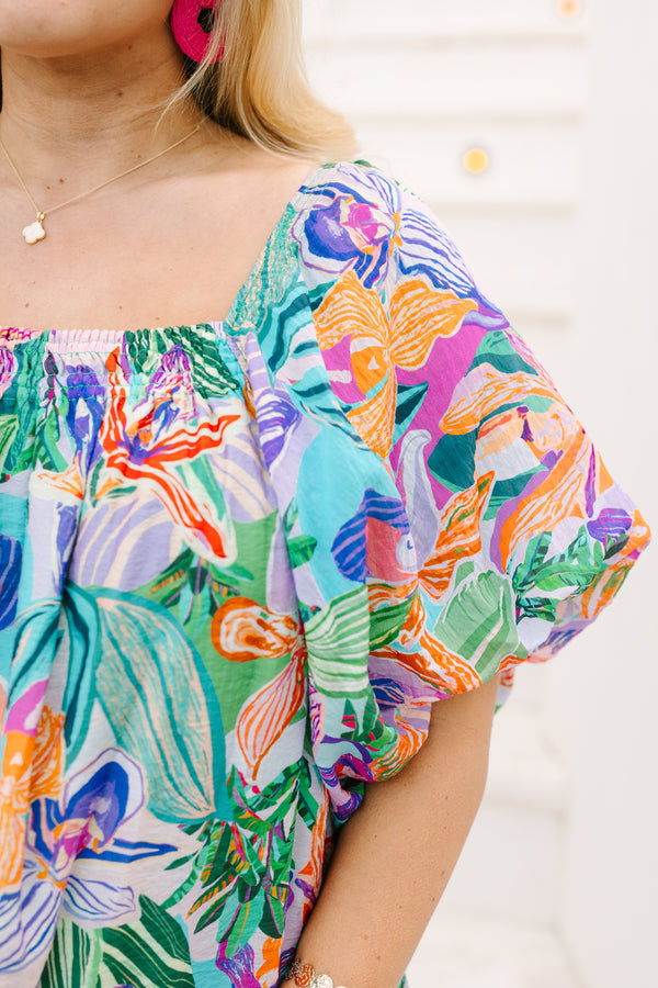 Chic Soul plus size clothing, multi color floral print short sleeve square neck top