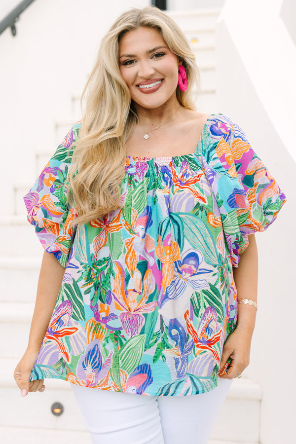 Chic Soul plus size clothing, multi color floral print short sleeve square neck top