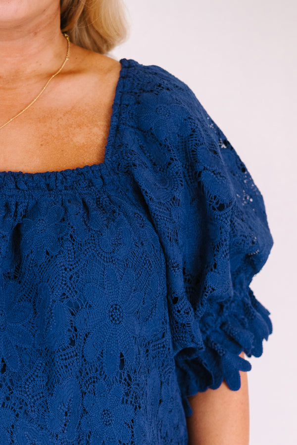 Chic Soul plus size clothing, nay lace textured square neck puff sleeve baby doll top