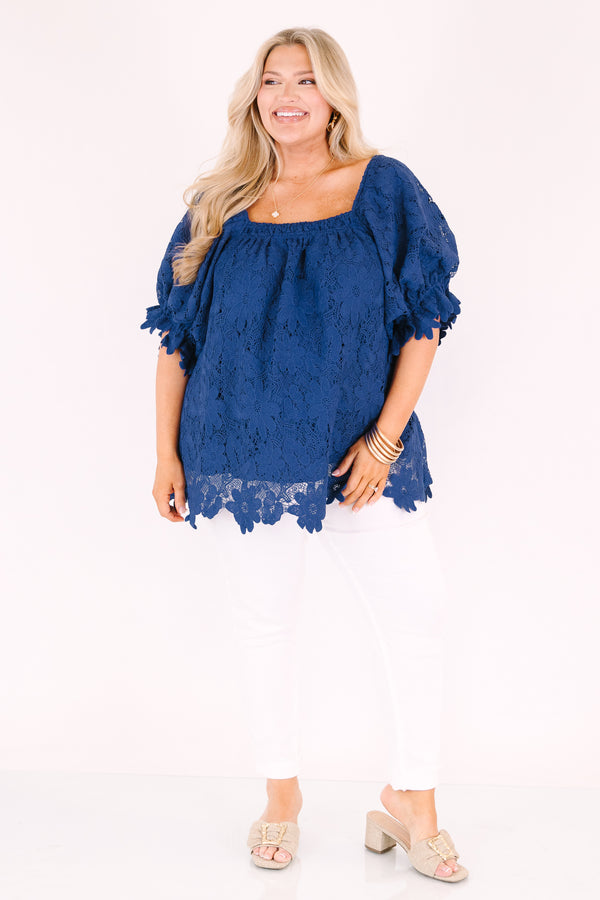 Chic Soul plus size clothing, nay lace textured square neck puff sleeve baby doll top