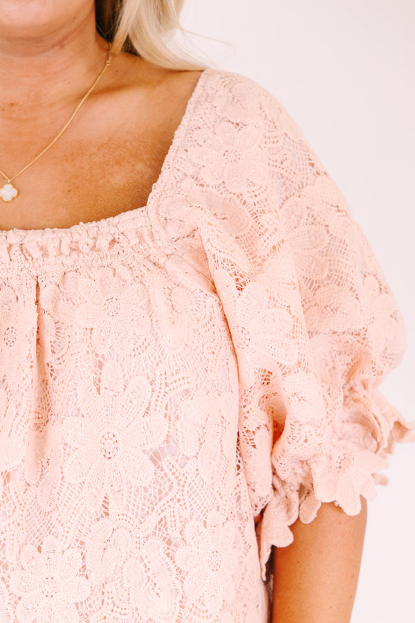 Chic soul plus size clothing, blush pink square neck puff sleeve top with floral lace overlay
