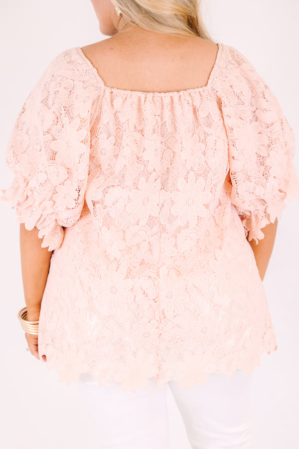 Chic soul plus size clothing, blush pink square neck puff sleeve top with floral lace overlay
