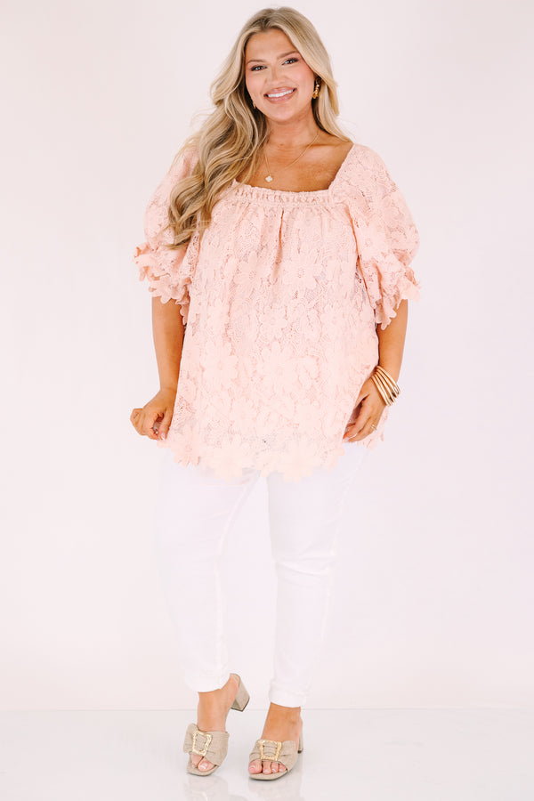 Chic soul plus size clothing, blush pink square neck puff sleeve top with floral lace overlay
