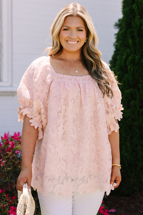 Chic soul plus size clothing, blush pink square neck puff sleeve top with floral lace overlay
