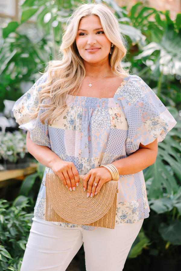 Chic soul plus size clothing, light blue patchwork pattern square neck puff sleeve baby doll top
