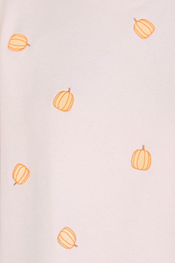 Plus size cozy taupe pumpkin sweater with a flowy fit and wide bell sleeves.
