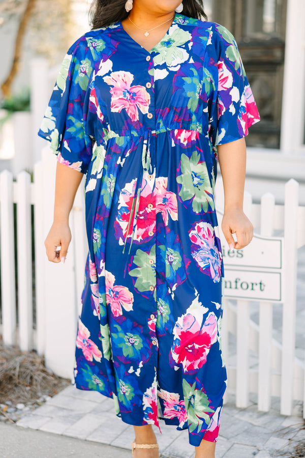 Chic Soul plus size clothing, royal blue and pink and green floral print midi sleeve midi dress with buttons down the front and a waist tie belt