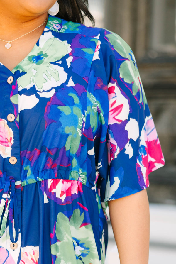 Chic Soul plus size clothing, royal blue and pink and green floral print midi sleeve midi dress with buttons down the front and a waist tie belt