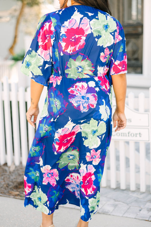 Chic Soul plus size clothing, royal blue and pink and green floral print midi sleeve midi dress with buttons down the front and a waist tie belt