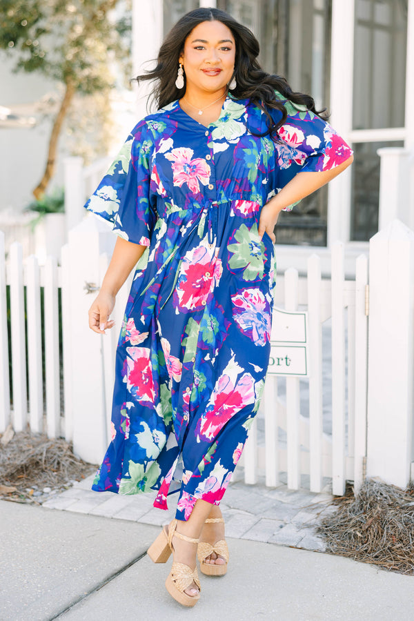 Chic Soul plus size clothing, royal blue and pink and green floral print midi sleeve midi dress with buttons down the front and a waist tie belt