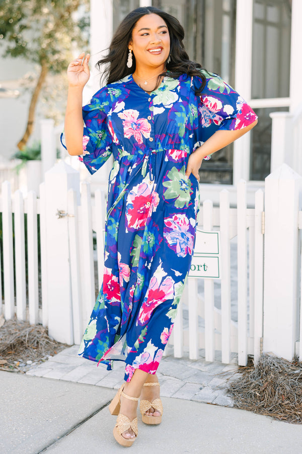 Chic Soul plus size clothing, royal blue and pink and green floral print midi sleeve midi dress with buttons down the front and a waist tie belt