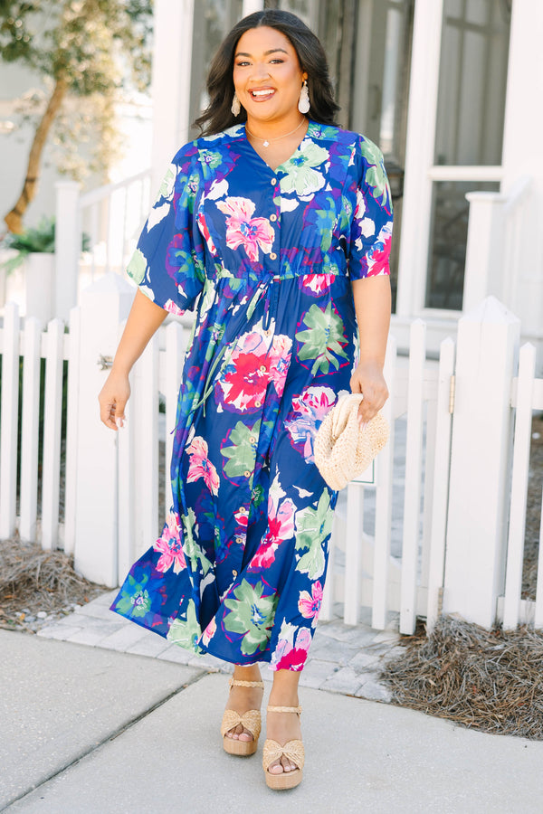 Chic Soul plus size clothing, royal blue and pink and green floral print midi sleeve midi dress with buttons down the front and a waist tie belt