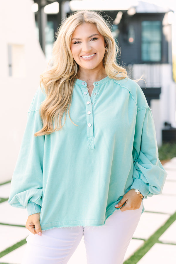 Chic Soul plus size clothing, light teal crewneck pullover with button opening at the neckline