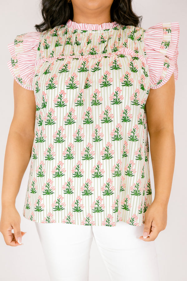 Chic Soul plus size clothing, pink and white pin stripe flutter sleeve top with cream and green pin stripe pattern and pink and green floral print