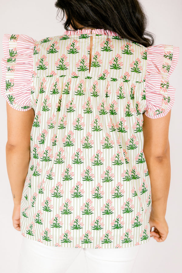 Chic Soul plus size clothing, pink and white pin stripe flutter sleeve top with cream and green pin stripe pattern and pink and green floral print