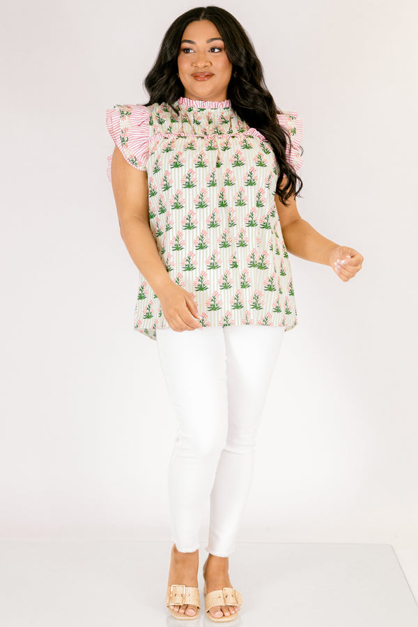Chic Soul plus size clothing, pink and white pin stripe flutter sleeve top with cream and green pin stripe pattern and pink and green floral print