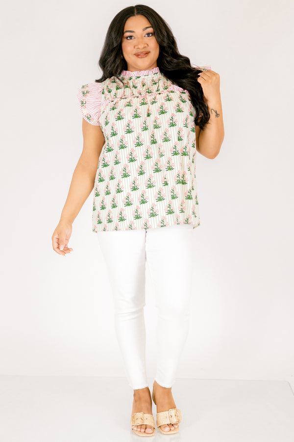 Chic Soul plus size clothing, pink and white pin stripe flutter sleeve top with cream and green pin stripe pattern and pink and green floral print