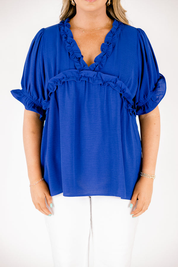 Chic Soul plus size clothing, royal blue short sleeve top with ruffle v-neckline  and ruffle empire waistline