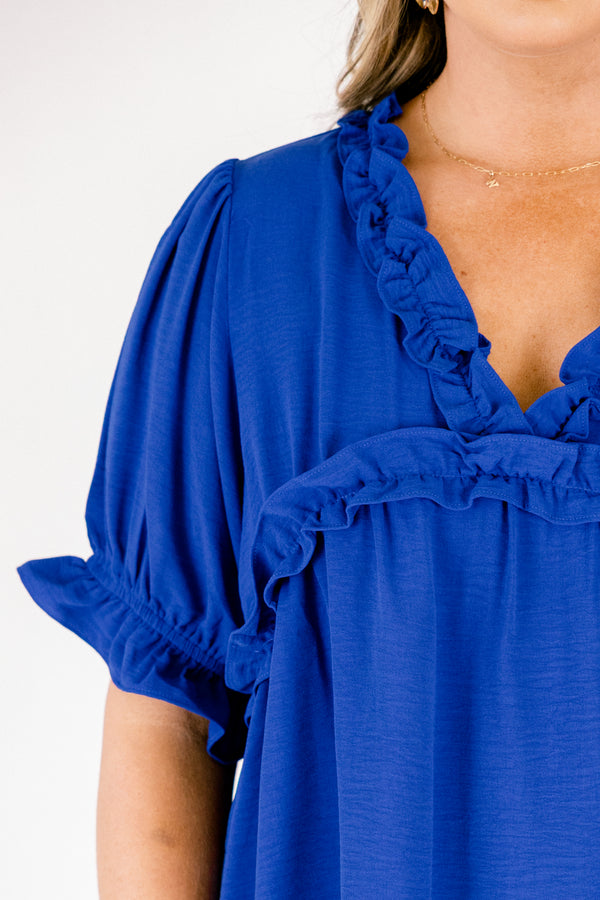 Chic Soul plus size clothing, royal blue short sleeve top with ruffle v-neckline  and ruffle empire waistline