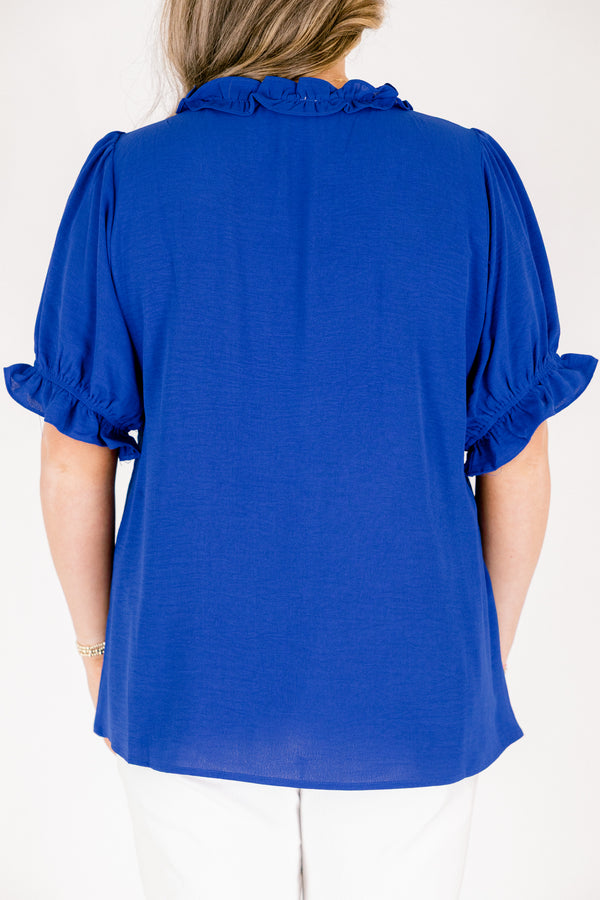 Chic Soul plus size clothing, royal blue short sleeve top with ruffle v-neckline  and ruffle empire waistline