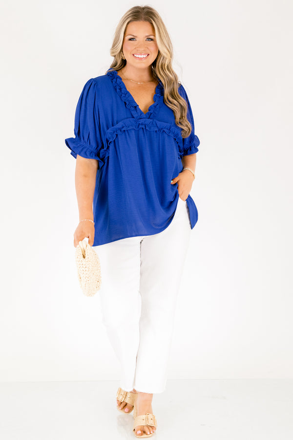 Chic Soul plus size clothing, royal blue short sleeve top with ruffle v-neckline  and ruffle empire waistline