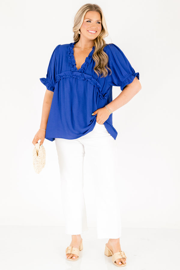 Chic Soul plus size clothing, royal blue short sleeve top with ruffle v-neckline  and ruffle empire waistline