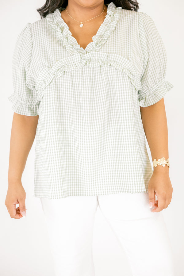 Chic Soul plus size clothing, light green and white gingham short puff sleeve top with ruffle trim around the chest