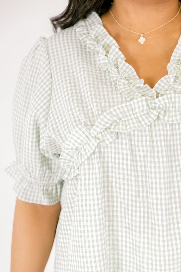 Chic Soul plus size clothing, light green and white gingham short puff sleeve top with ruffle trim around the chest