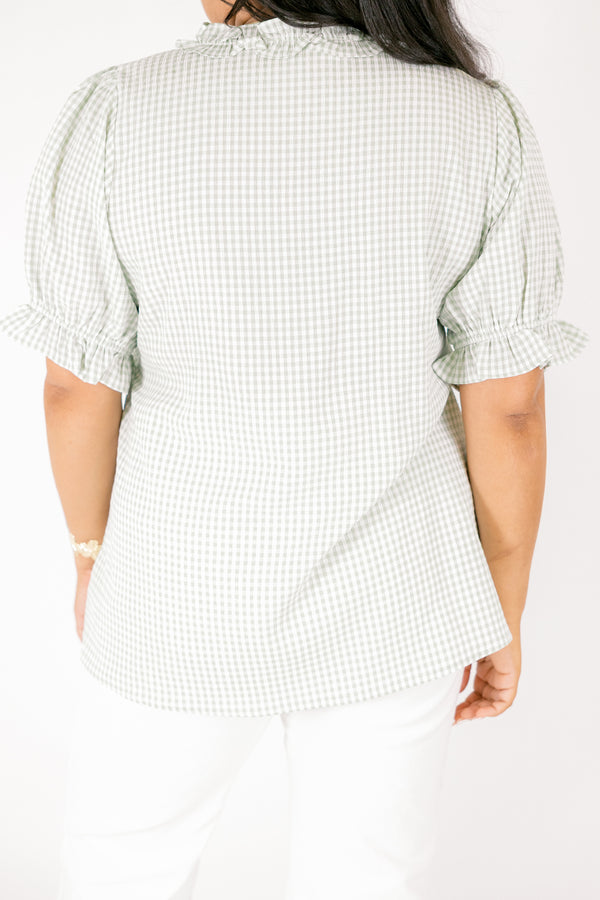 Chic Soul plus size clothing, light green and white gingham short puff sleeve top with ruffle trim around the chest
