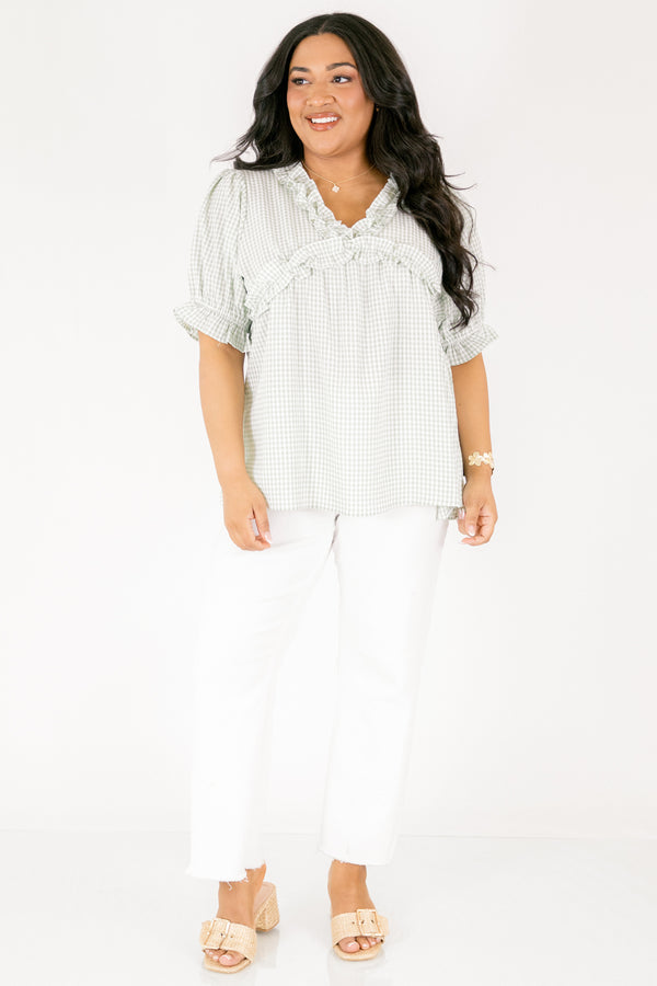 Chic Soul plus size clothing, light green and white gingham short puff sleeve top with ruffle trim around the chest