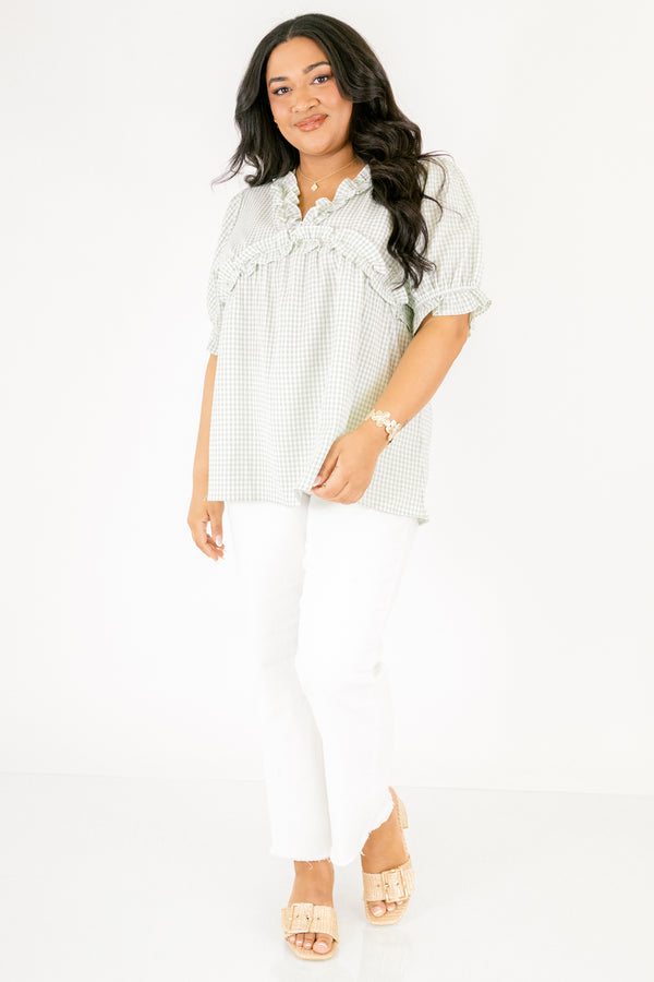 Chic Soul plus size clothing, light green and white gingham short puff sleeve top with ruffle trim around the chest