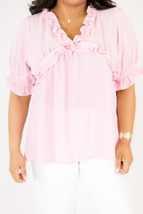 Chic Soul plus size clothing, light pink top with bubble sleeves as well as a v-neckline and ruffle detailing going along the neckline under the bust and at the end of each sleeve 