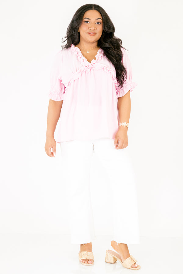 Chic Soul plus size clothing, light pink top with bubble sleeves as well as a v-neckline and ruffle detailing going along the neckline under the bust and at the end of each sleeve 